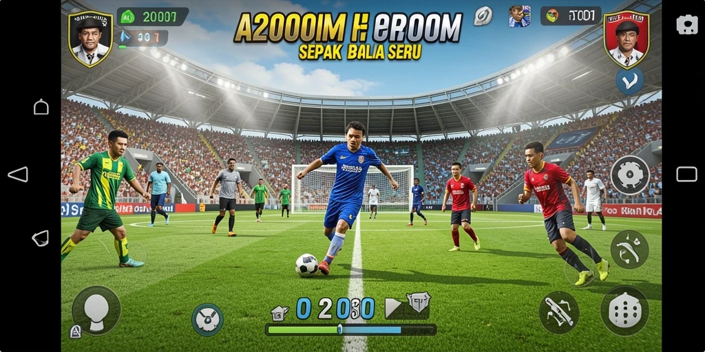 Tangkapan layar utama A200M yang menampilkan aksi permainan sepak bola yang seru.