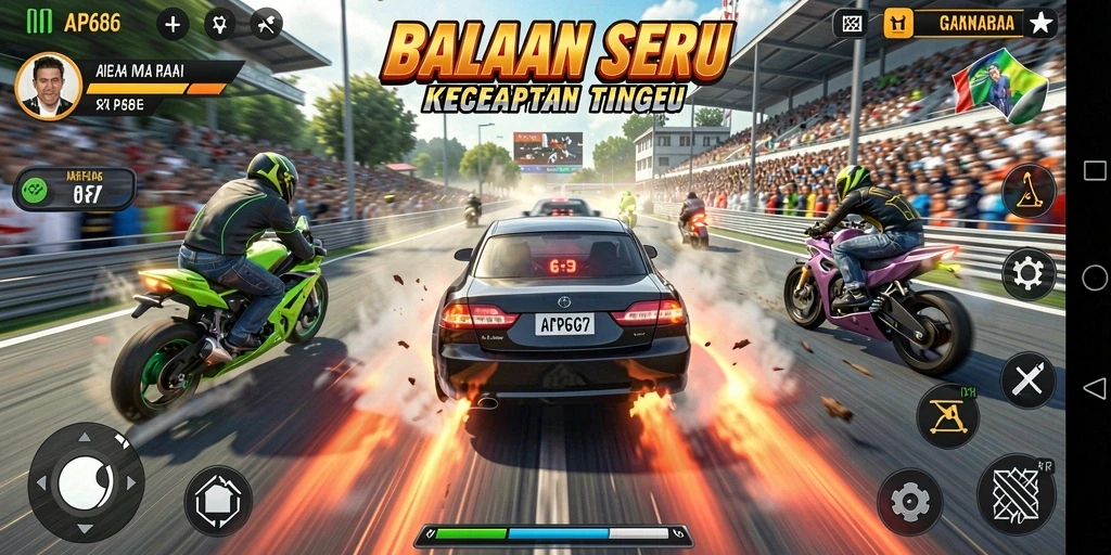 Screenshot menampilkan aksi balapan yang seru dan mendebarkan di AP686.