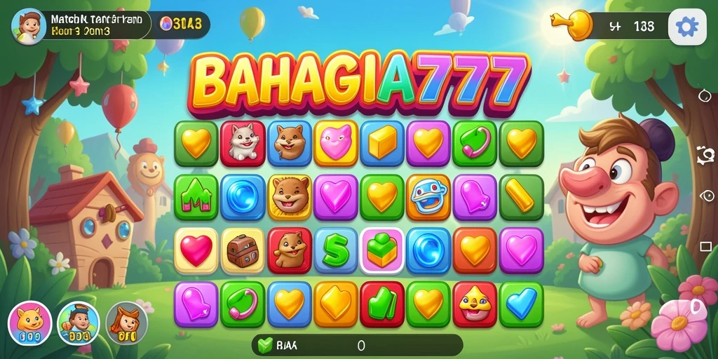 Tampilan menarik dari permainan Match-3 BAHAGIA777 dengan berbagai karakter dan level.