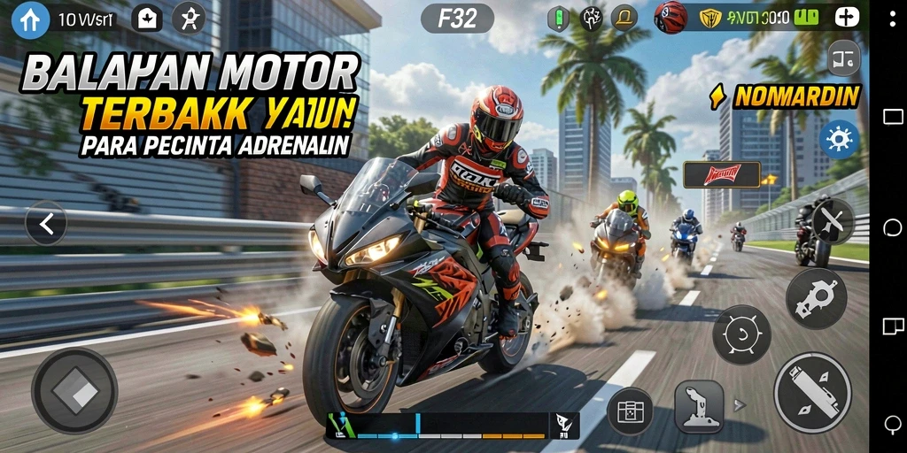 Tangkapan layar gameplay F32 yang menampilkan balapan motor yang mendebarkan.