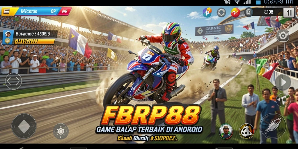 Tampilan gameplay seru dengan mobil balap cepat di trek.