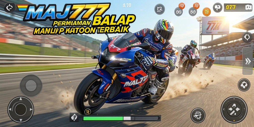 Screenshot utama MAJ777 menampilkan aksi balap motor yang mendebarkan.