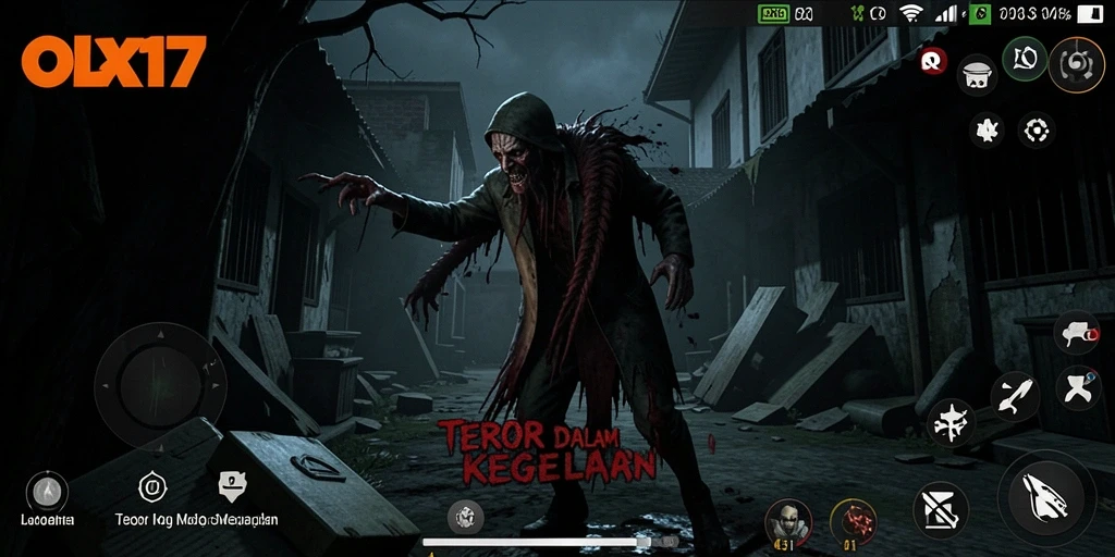 Tampilan gameplay menegangkan di dalam dunia OLX17 yang gelap.