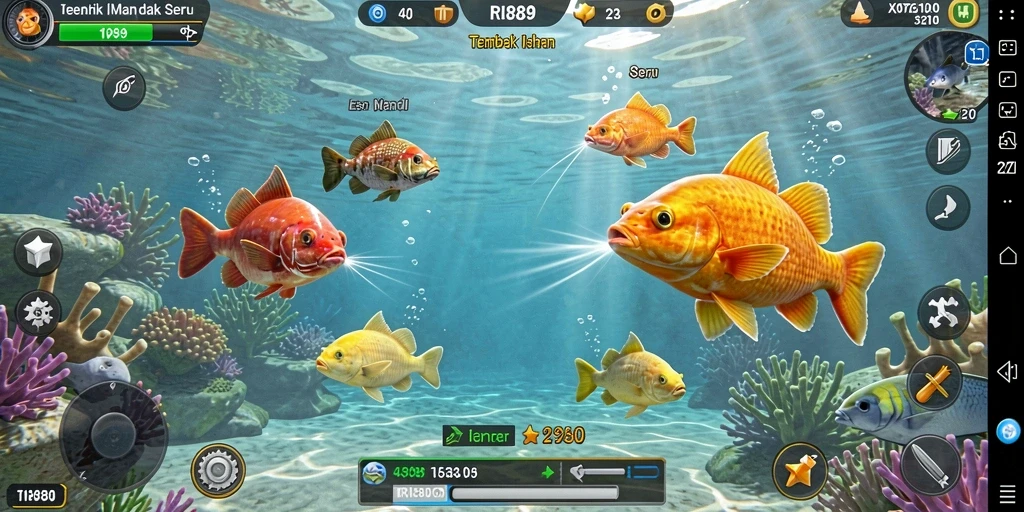 Tampilan gameplay RI889 dengan berbagai ikan dan senjata menarik.